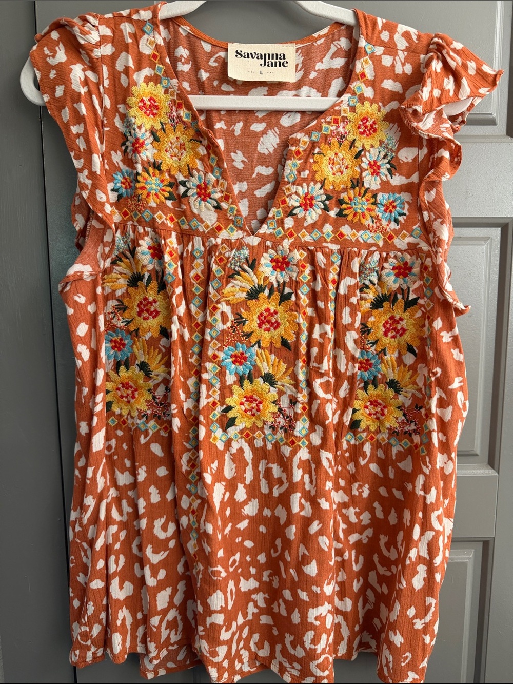 Savanna Jane Orange Floral Embroidered Ruffle Flowy Sleeve Tunic